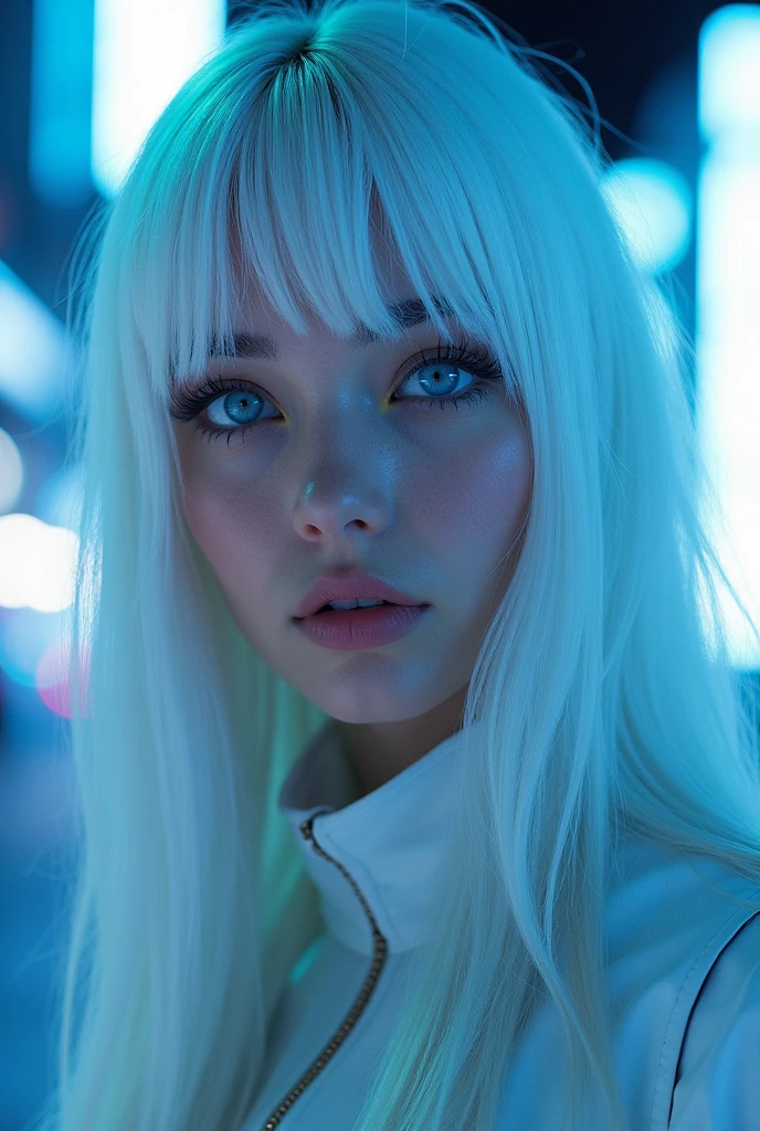 ((best quality)), ((masterpiece)), (detailed), perfect face, a beautiful woman with white long hair and a sky blue reflection, she has a tufted fringe, she has sky blue eyes in a cyberpunk city with sky blue lights, Total body image.