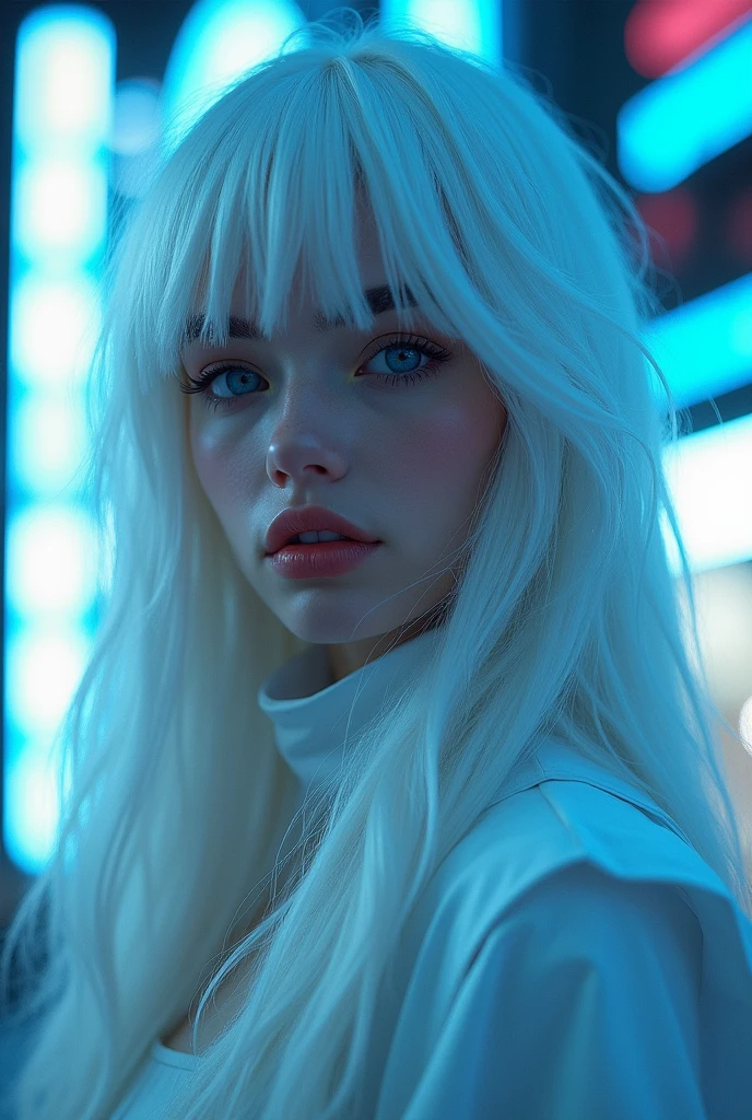 ((best quality)), ((masterpiece)), (detailed), perfect face, a beautiful woman with white long hair and a sky blue reflection, she has a tufted fringe, she has sky blue eyes in a cyberpunk city with sky blue lights, Total body image.