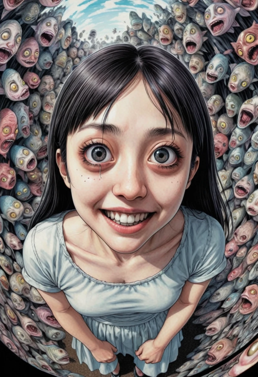 by Junji Ito, best quality, masterpiece, 8k, fisheye perspective, smiling , sociopath girl, not fishes ,no background, creepy zoom on face,