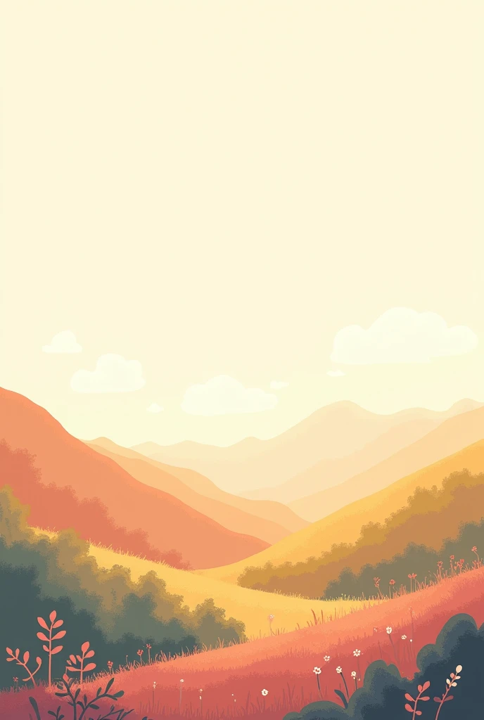 The cartoon focuses on natural views, warm atmosphere, earth tones, pastel colors, no animals, no trees, small flowers, no mountains.