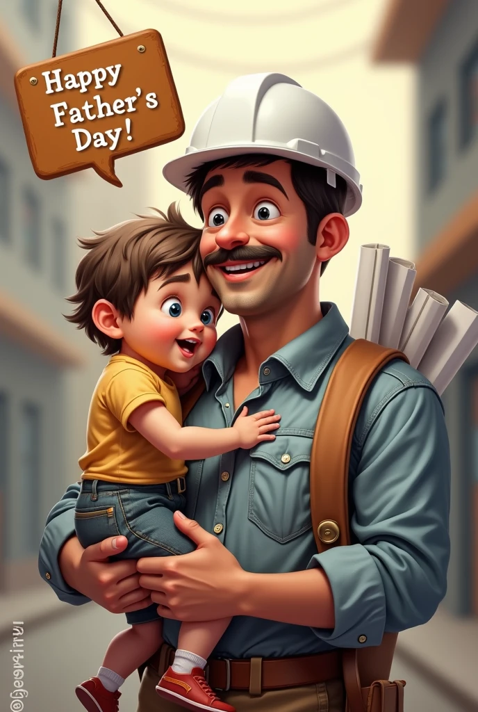 Homem de 40 anos com capacete branco de Engenheiro civil com bigode com projetos debaixo do braço e criança no colo com um letreiro escrito: happy fathers day! And in the left corner and next to the child written small: @joabewariss.Eng