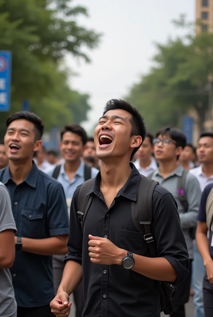 A group of young Vietnamese men singing in the middle of the street
