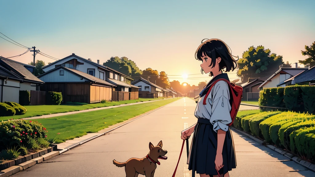 masterpiece, Highest quality, A girl walking her dog in a quiet neighborhood on the outskirts of Tokyo at sunset, Enjoying the peaceful atmosphere, Beautiful Eyes