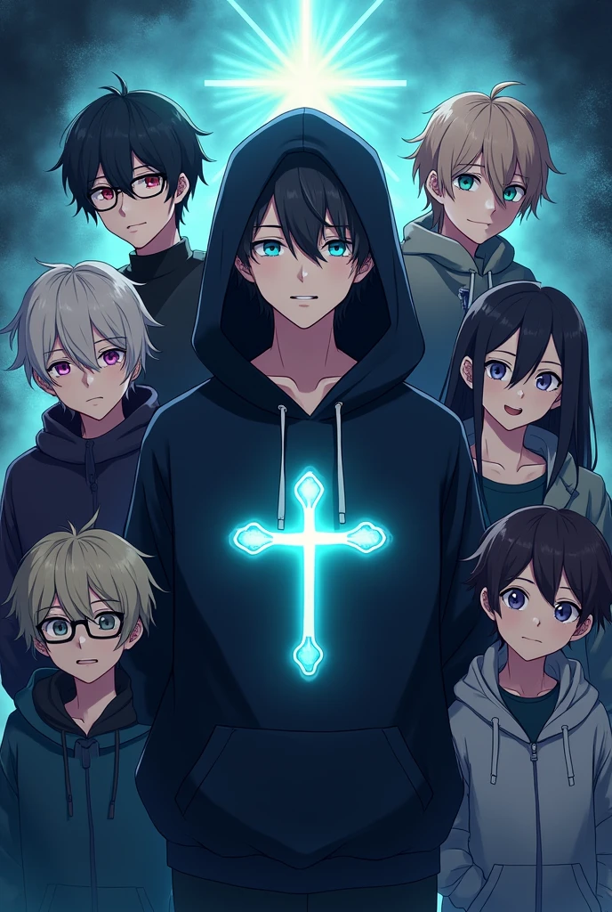 7 anime boys. Middle one wear a black hoodie with a light blue cross on it and has glowing eyes. One memeber is a short guy. Another memeber is bit short. . And one memeber wears glasses