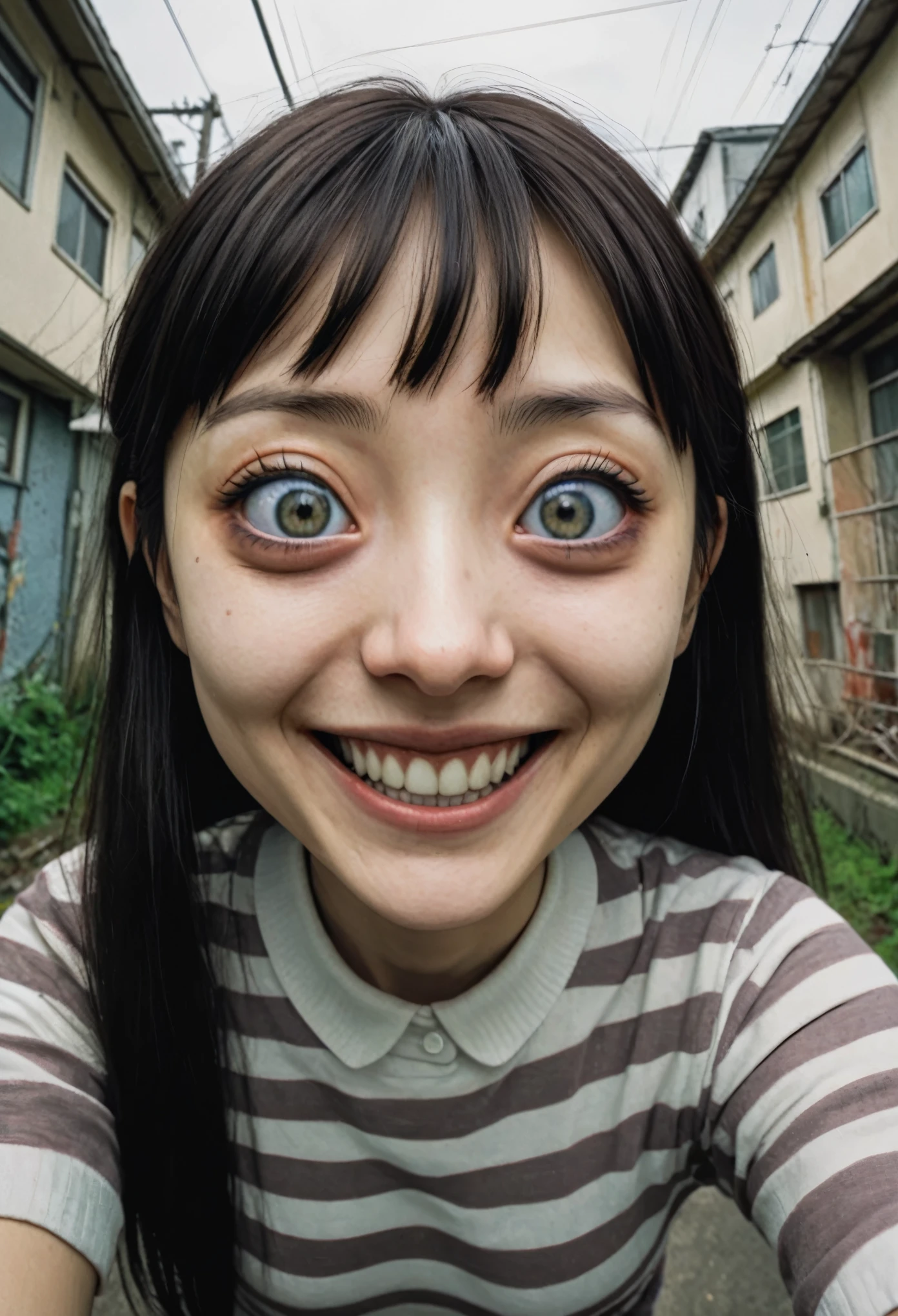 by Junji Ito, best quality, masterpiece, 8k, fisheye perspective, smiling , sociopath girl, realistic proportions, no background, creepy zoom on face