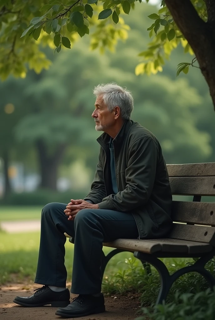 A 25 years old man...slim body and grey hair... On a bench