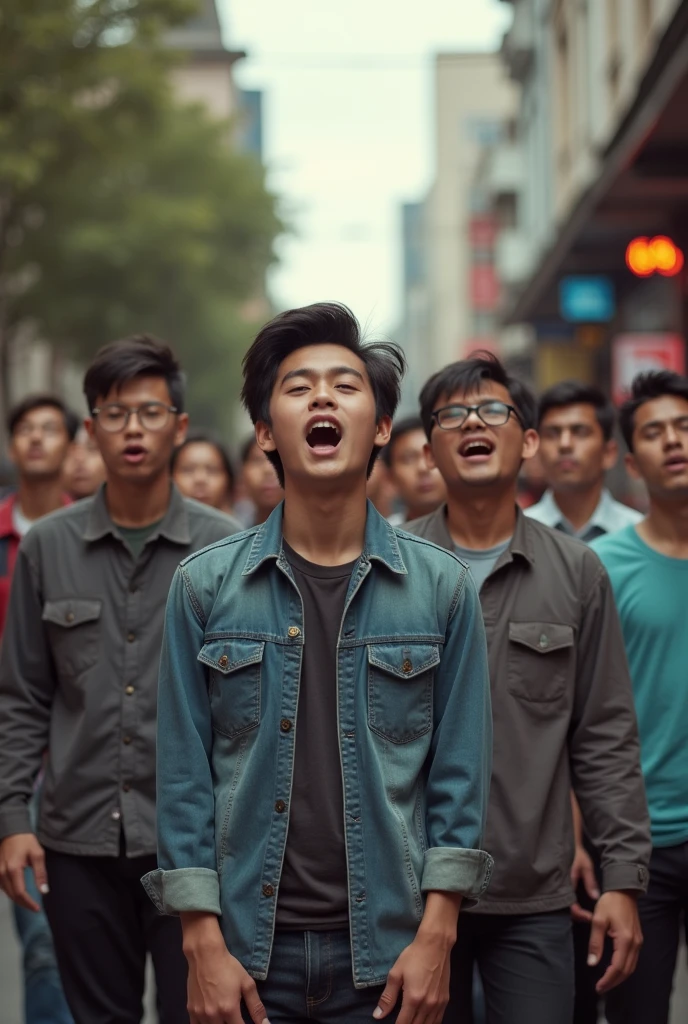 A group of young Vietnamese men singing in the middle of the street