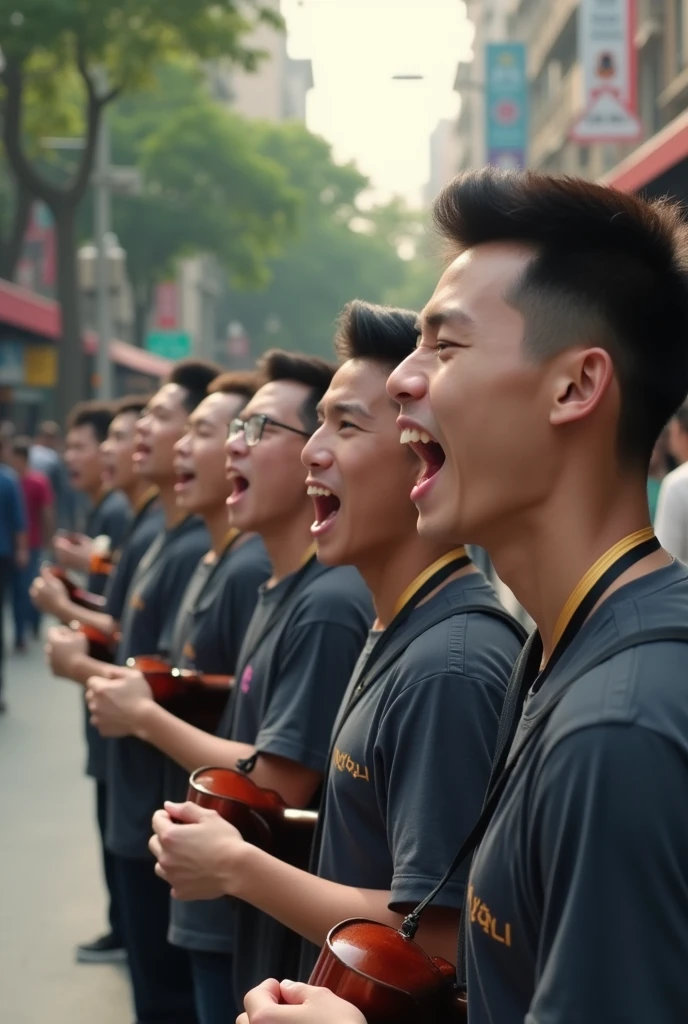 A group of young Vietnamese men singing in the middle of the street