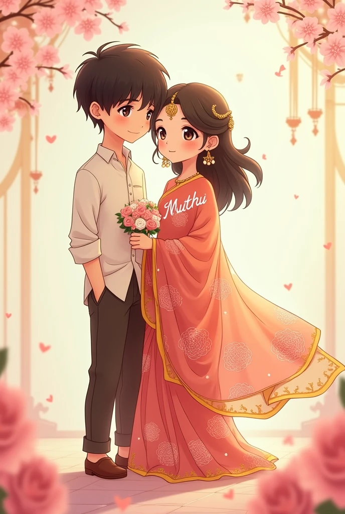 Cute Anime marriage in saree print name muthu on her dress