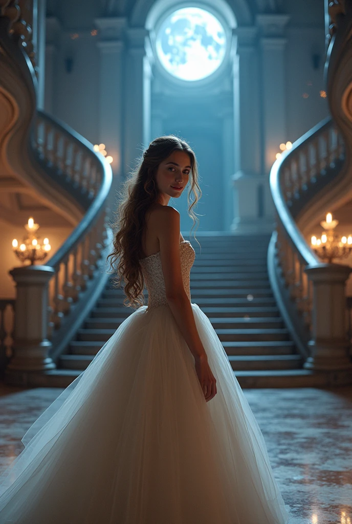 A young woman with long flowing hair and a beautiful ball gown, standing at the foot of a grand staircase in a majestic palace. The scene is set at midnight, with a full moon casting a silvery glow. Glass slippers shimmer on her feet as she looks back with a hopeful smile, capturing the magic and elegance of a fairytale moment. The atmosphere is dreamy and enchanting, with soft pastel colors and sparkling lights in the background.