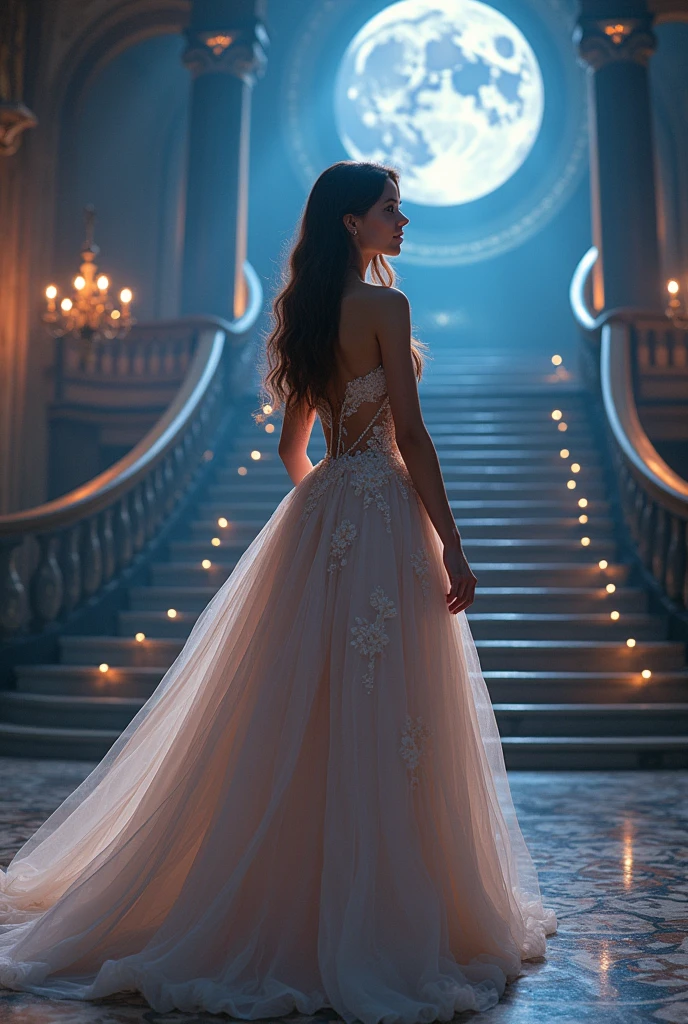 A young woman with long flowing hair and a beautiful ball gown, standing at the foot of a grand staircase in a majestic palace. The scene is set at midnight, with a full moon casting a silvery glow. Glass slippers shimmer on her feet as she looks back with a hopeful smile, capturing the magic and elegance of a fairytale moment. The atmosphere is dreamy and enchanting, with soft pastel colors and sparkling lights in the background.