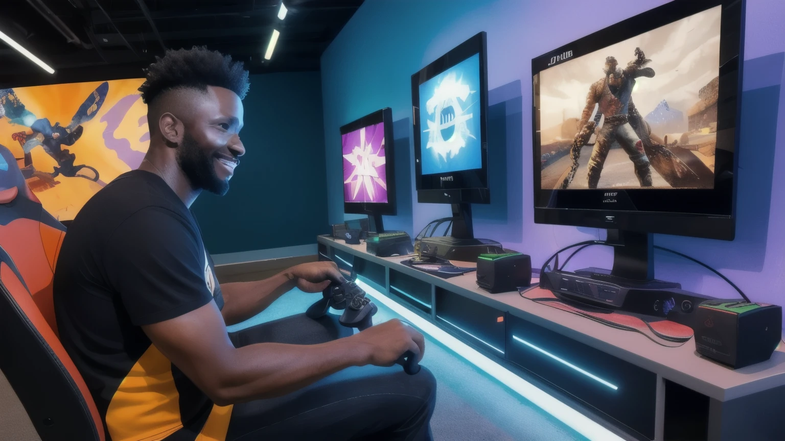 a Black man , casual player, gammer , games , game ,  videogame , console ,electronics, Motores, wires, buttons, lcd, art season trends, unreal motor 5 