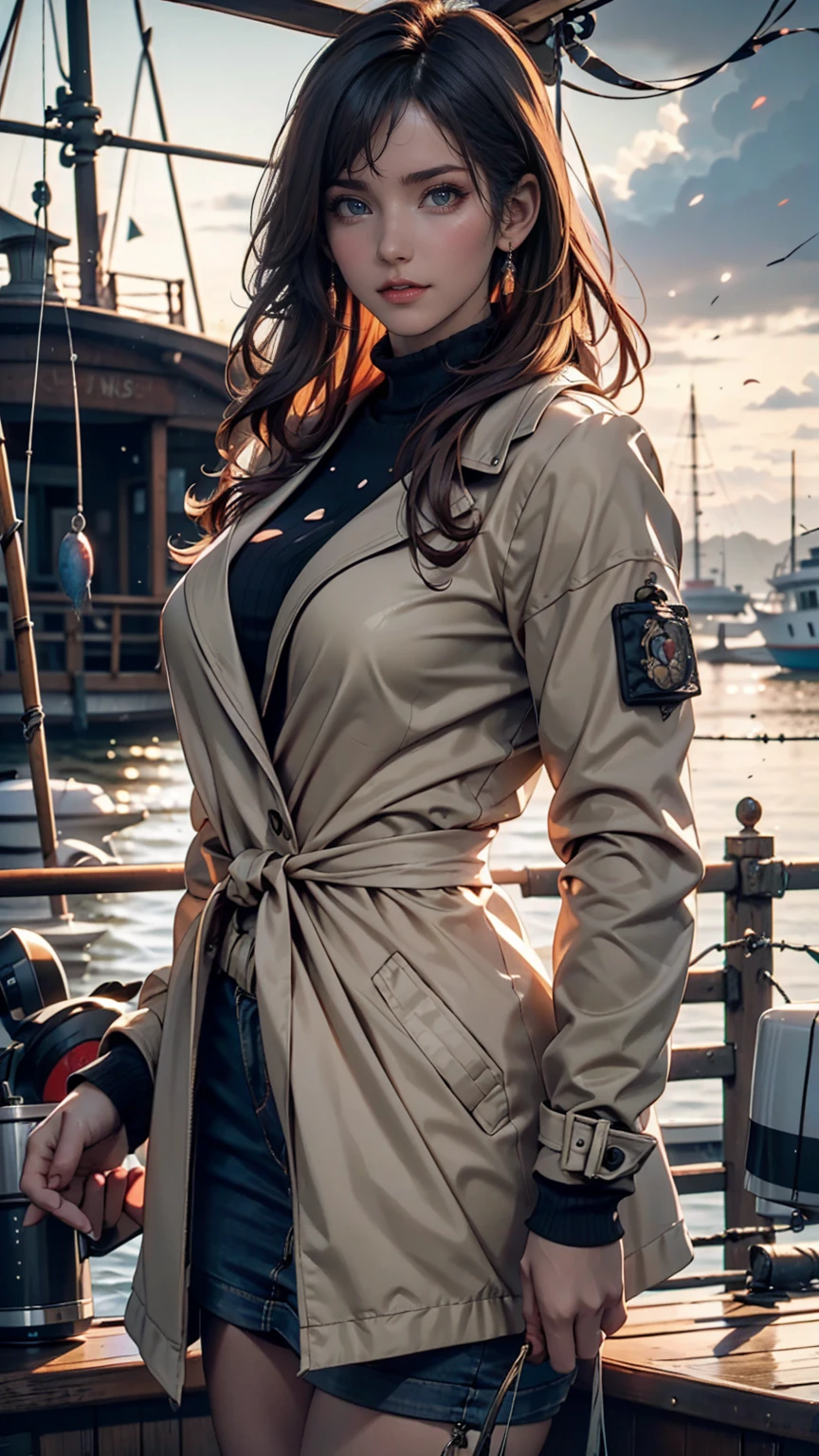 (masterpiece:1.2), Highest quality, Beautiful female fisherman photo, Redhead, 40 years old, Wearing a yellow raincoat,  (On a fishing boat:1.3),  Dark Clouds, PhotoRealistic, HyperRealistic, Ultra-detailed, Analog Style, bent at the waist, Modest, Low Cut, Detailed skin, Matte skin, Soft lighting, Scattered beneath the surface, Realistic, Dark Shadows, masterpiece, Highest quality, ultra Realistic, 8k, Golden Ratio, Complex, Attention to detail, Film Photography, Soft Focus