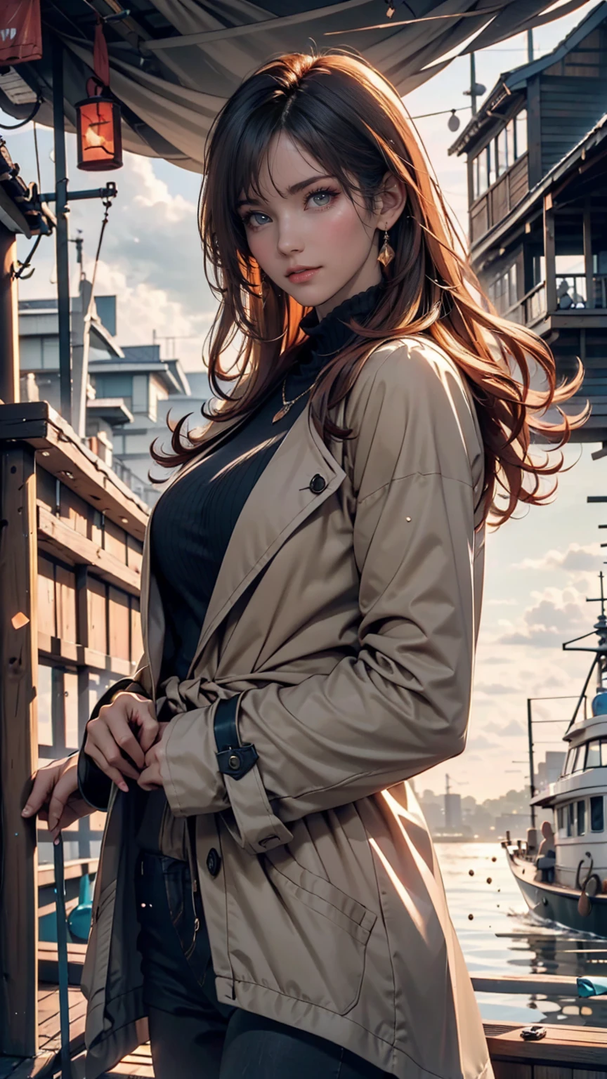 (masterpiece:1.2), Highest quality, Beautiful female fisherman photo, Redhead, 40 years old, Wearing a yellow raincoat,  (On a fishing boat:1.3),  Dark Clouds, PhotoRealistic, HyperRealistic, Ultra-detailed, Analog Style, bent at the waist, Modest, Low Cut, Detailed skin, Matte skin, Soft lighting, Scattered beneath the surface, Realistic, Dark Shadows, masterpiece, Highest quality, ultra Realistic, 8k, Golden Ratio, Complex, Attention to detail, Film Photography, Soft Focus