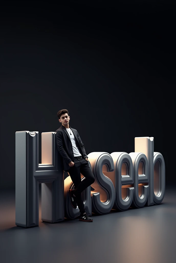 Create an image featuring a large, glossy, “Haseeb” 3D name in the foreground with a young boy leaning casually against it. The person should be dressed in stylish, monochromatic clothing and have a confident pose. The background should be a dark gradient to keep the focus on the name and the person. Ensure that the lighting gives a soft glow to the edges of the 3D name and casts subtle shadows to add depth to the overall composition.