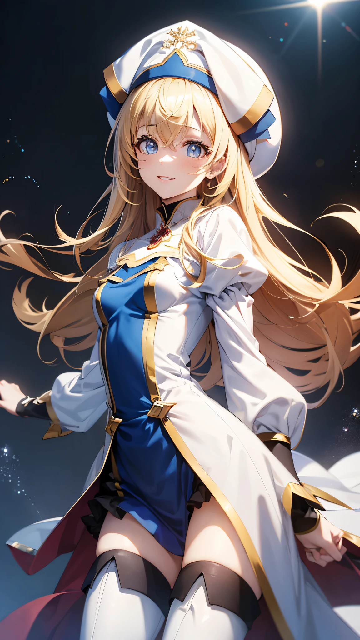 aapri, long hair, white headwear, small breasts, white dress, puffy sleeves, long sleeves, pelvic curtain, thighhighs, thigh boots,blonde hair,slender,smile,pray,masterpiece,Noise Reduction,perfect anatomy,high resolution, ultra-detailed, ultra-detailed face,game cg,dutch angle ,beautiful detailed eyes,visualart,five fingers, perfect hands, perfect lighting, sparkling pupils,