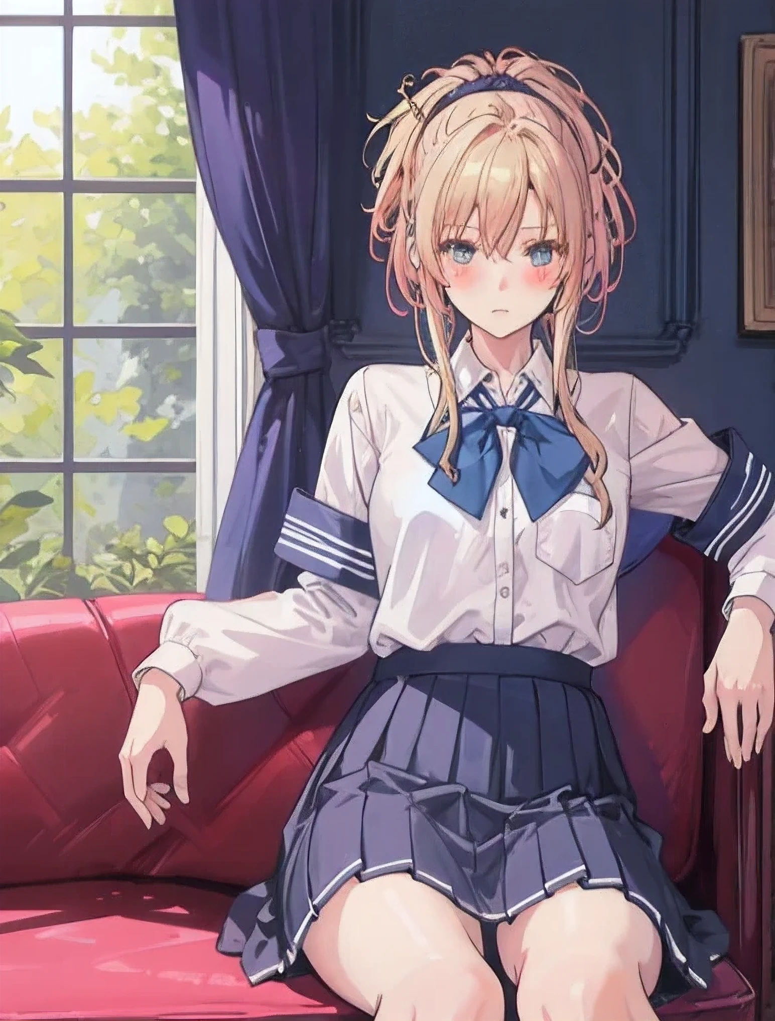 Detailed painting, masterpiece*Portraiture, a beautiful anime girl sitting on the edge of a couch looking out the window, 1girl, solo, skirt, blonde hair, sitting, socks, blush, school uniform, looking at viewer, Blue eyes, couch