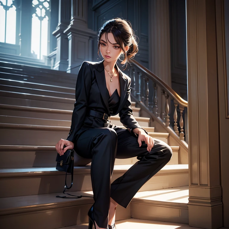 1_girl, solo, Pose: Woman seated on a staircase, with one leg bent and the other extended or crossed at the ankles. Her hands can be resting on her knee, holding a small accessory, or placed gently on the steps beside her.Expression: Calm and confident, with a soft smile or a thoughtful gaze, conveying elegance and poise.Attire: Fashion-forward outfit such as a chic dress, tailored pants with a blouse, or a trendy jumpsuit that complements the sophisticated setting.Hair: Styled elegantly, whether in loose waves, a sleek ponytail, or a polished updo, adding to the overall refinement of the pose.Makeup: Subtle yet glamorous, with defined eyes and lips that enhance her natural beauty.Background: A stylish staircase in a modern building, a grand staircase in a historical location, or an outdoor staircase surrounded by greenery, adding architectural interest to the composition.Lighting: Soft, natural or slightly dramatic lighting that highlights her form and creates depth in the image.Accessories: Minimal and elegant, such as a statement necklace, stylish heels, or a fashionable handbag placed beside her.Props: Optional, such as a small clutch, a book, or a coffee cup to add a touch of personality and context.Mood: Elegant, poised, and sophisticated.