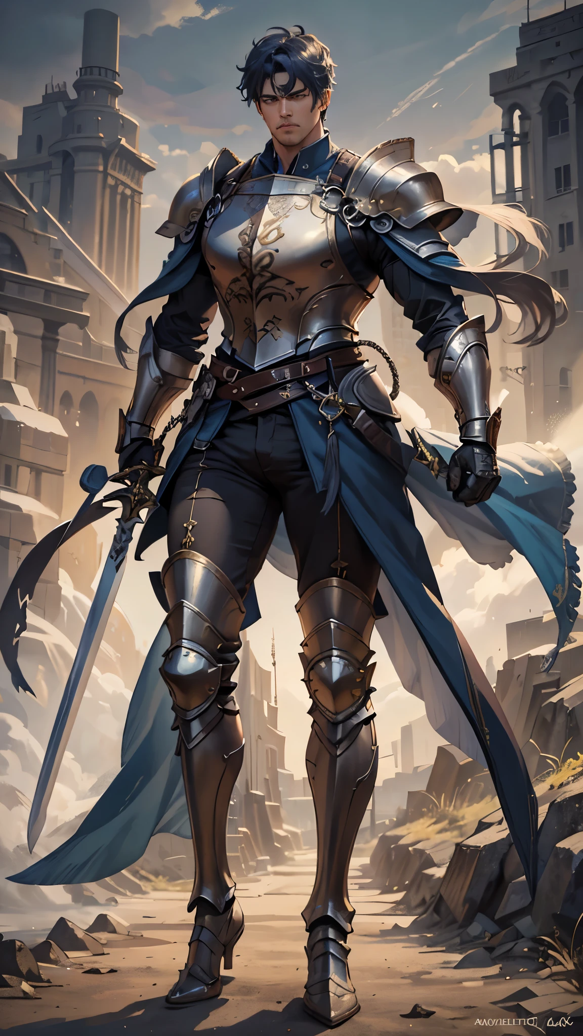 (masterpiece, 4K ,Super detailed:1.2), (anime:1), (Perfect quality), (((Adult body))), ((Swinging a big sword, Combat Ready)), The whole body is shown, Looking at the viewer, Big body, Gladiator、armor, Heavy equipment, A look of contempt, brutal, violent, Big man, tall, Blue Hair