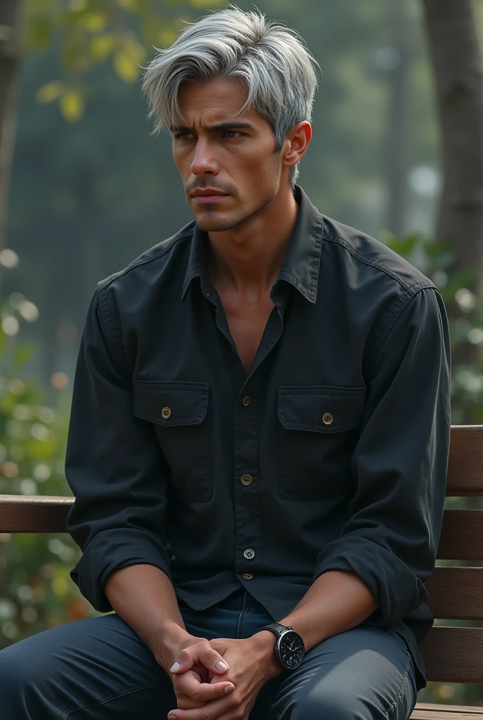 A 20 years old man...slim musculature and grey hair... On a bench