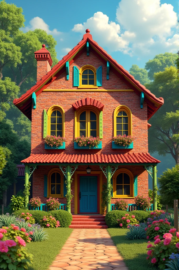 Colombian farm, of brick, with colorful windows and railings, that is adorned with yellow colors, green, blue and red, that looks like a rainbow with these colors
