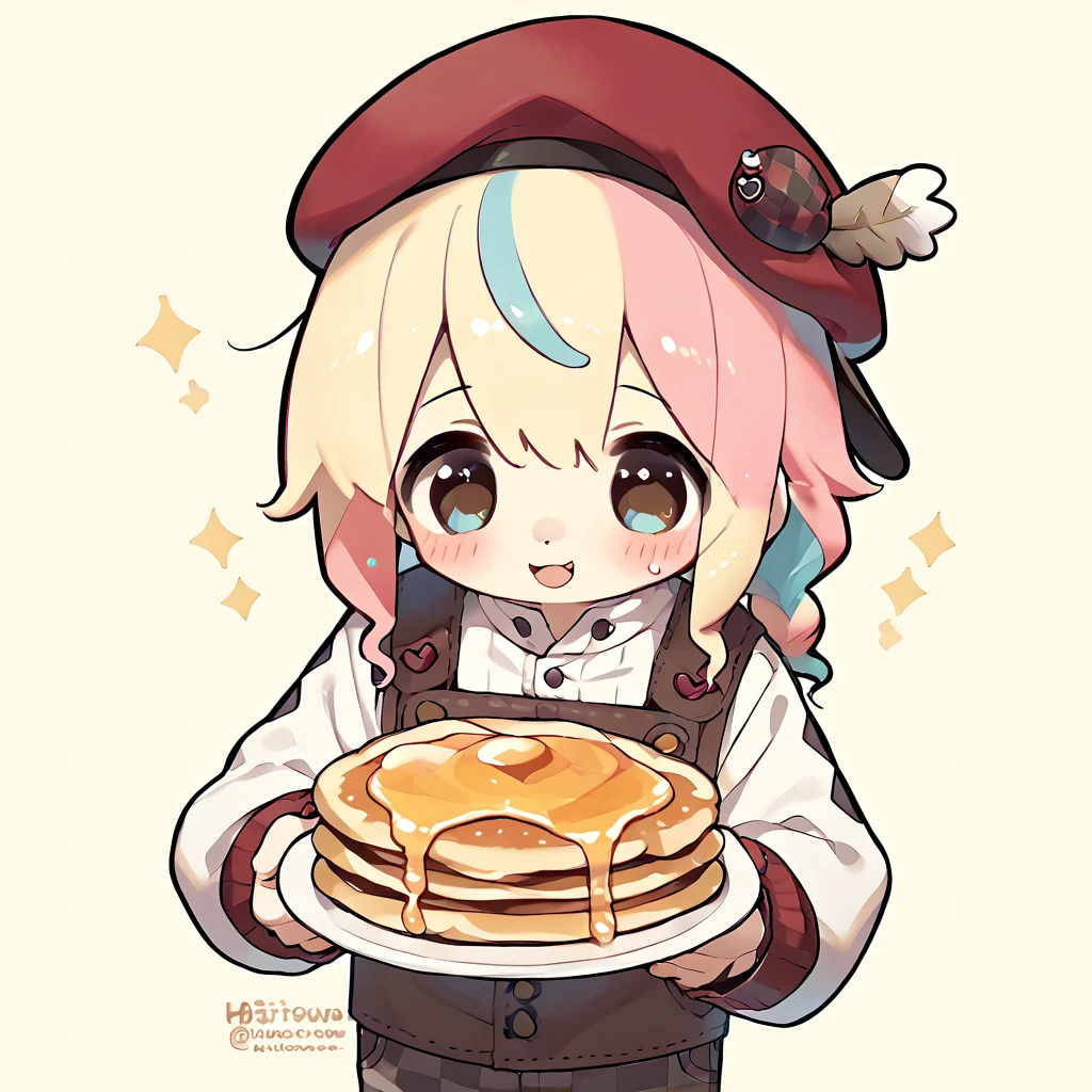 score_9, score_8_up, score_7_up, rating_explicit, source_anime, 1boy, beret hat, pastel colors, male only, bicolor hair, pancakes pants, checkered, cute, honey