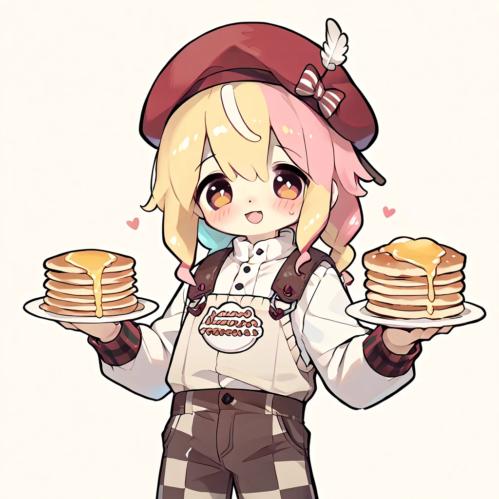 score_9, score_8_up, score_7_up, rating_explicit, source_anime, 1boy, beret hat, pastel colors, male only, bicolor hair, pancakes pants, checkered, cute, honey