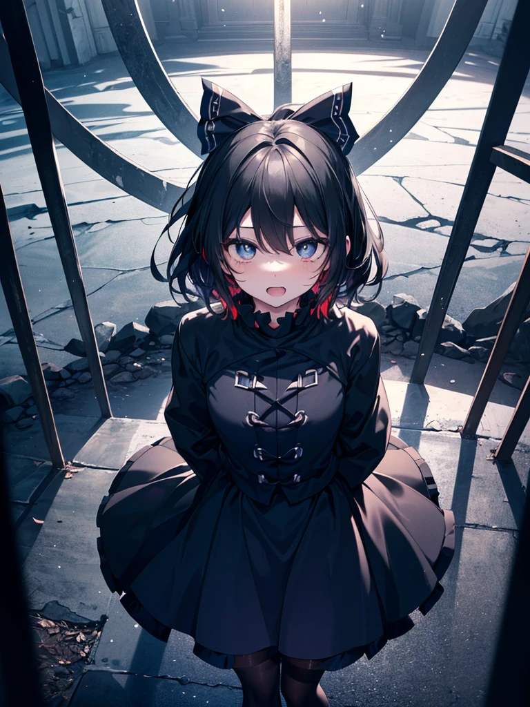 ((Touhou Project)),((masterpiece)),((Highest quality)),((Bewitching Girl)),((alone)),((Dark blue pupils)),((Beautiful Blue Eyes)),((wearing a black coat)),((Wearing a black mini skirt,She wears black tights under her skirt)),((A slim body)),((View from above)),((Long, shiny black hair)),((Bangs hide the face)),((I can see my eyes through my hair)),((Wearing black gloves)),(King of the Castle Shrouded in Darkness),((Laugh fearlessly)),((Complex background)),((Overwhelmingly strong))