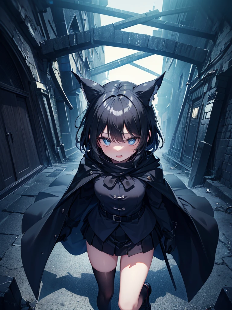 ((Touhou Project)),((masterpiece)),((Highest quality)),((Bewitching Girl)),((alone)),((Dark blue pupils)),((Beautiful Blue Eyes)),((wearing a black coat)),((Wearing a black mini skirt,She wears black tights under her skirt)),((A slim body)),((View from above)),((Long, shiny black hair)),((Bangs hide the face)),((I can see my eyes through my hair)),((Wearing black gloves)),(King of the Castle Shrouded in Darkness),((Laugh fearlessly)),((Complex background)),((Overwhelmingly strong))