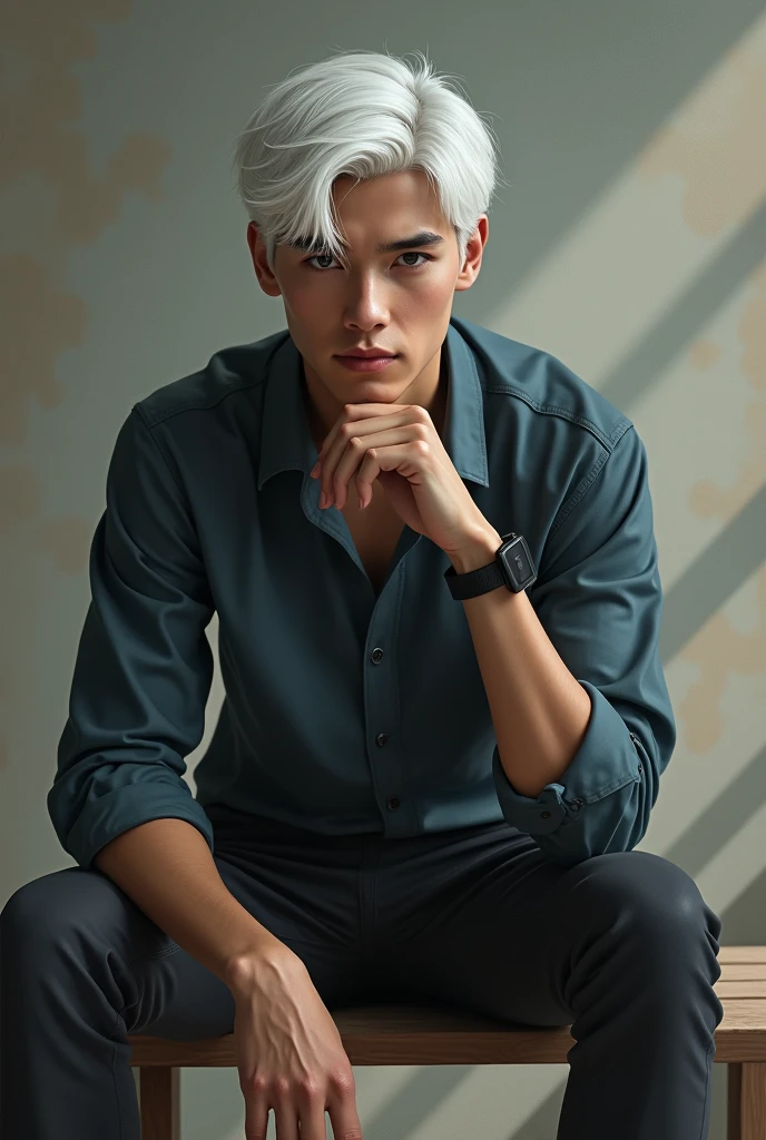 A 20 years old man... Lean and white hair... On a bench