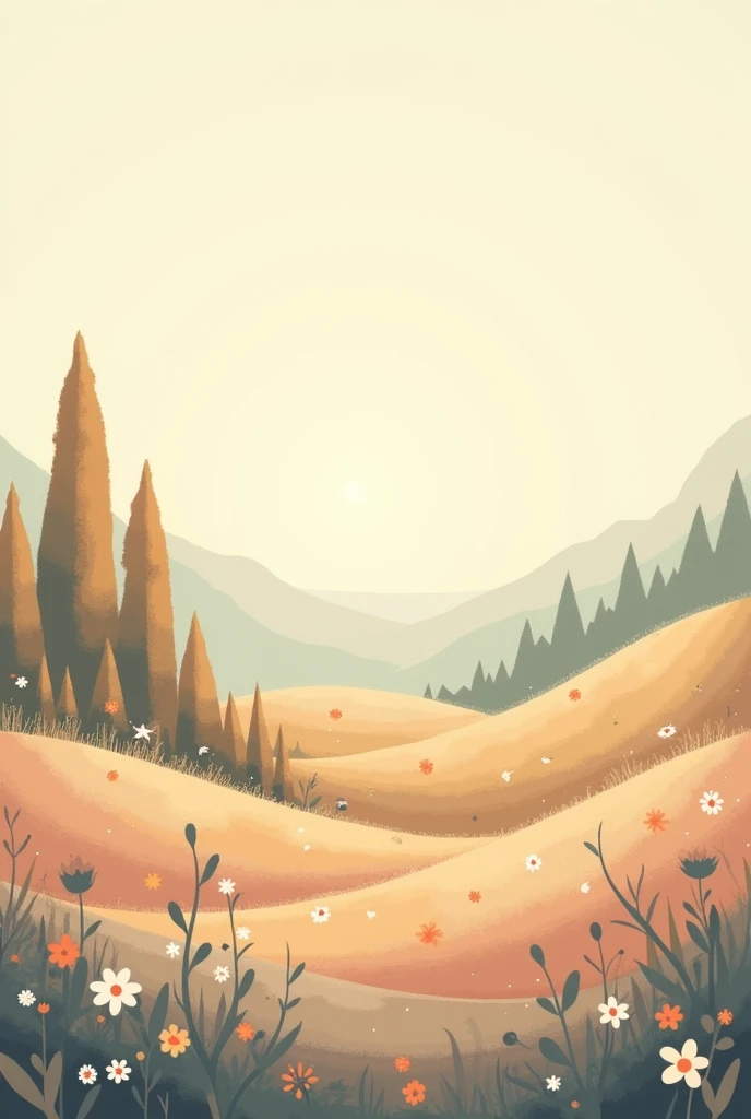 The cartoon focuses on natural views, warm feelings, earth tones, pastel colors, no animals, no trees, small flowers, no mountains.