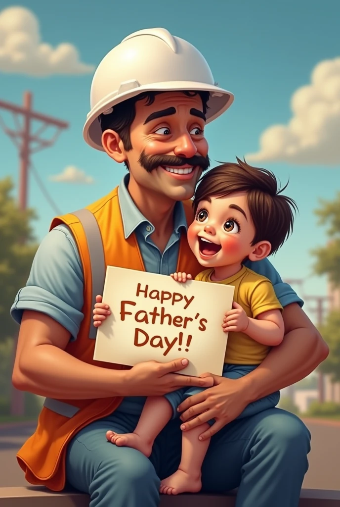 40-year-old man with a white civil engineer helmet with a mustache with projects under his arm and a child on his lap with a sign written on it: happy fathers day! And in the left corner and next to the child written small: @joabewariss.eng all in portuguese