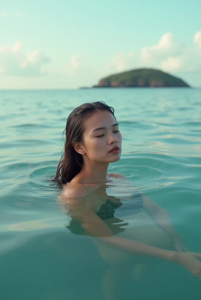 analog style, RAW photo, photography, hyper photorealistic, sharp focus, amateur photo of woman swim in middle of the sea, (half body inside water:1.3), wet, day time, clear cloudy sky, an island far in background, soft natural raw lighting, highly detailed, best quality, ultra detailed, extremely detailed, taken from mobile camera, f/22, deep depth of field, grain, noise, flashlight, (long shot:1.2)