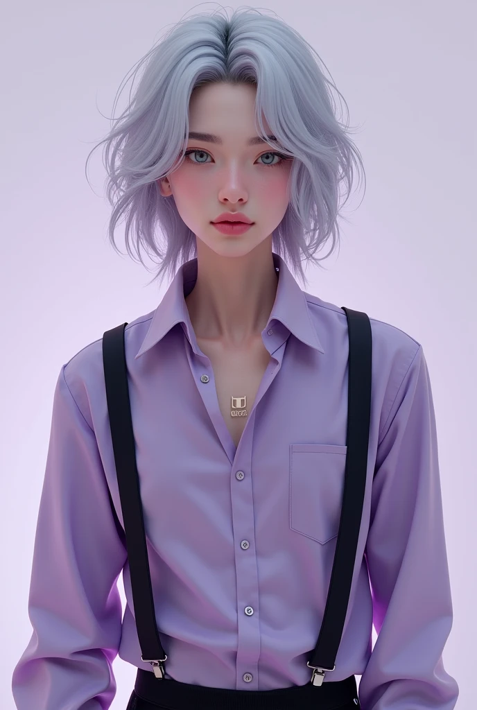 Genrate image of sexy man boy with pink lips and silver hair till neck dressed in Suspenders over lavender shirt.