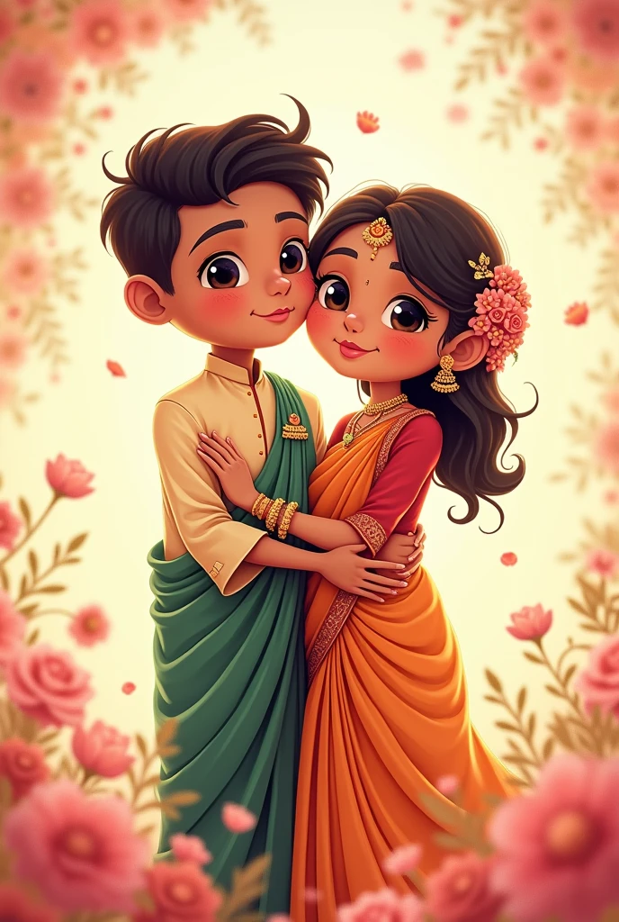 Cute Anime marriage in saree print name muthu on her dress and print name Darshan on his dress