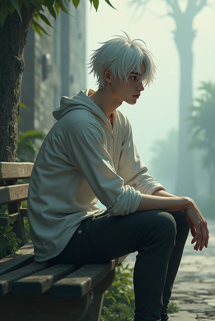 A 20 years old boy ... Lean and white hair... On a bench