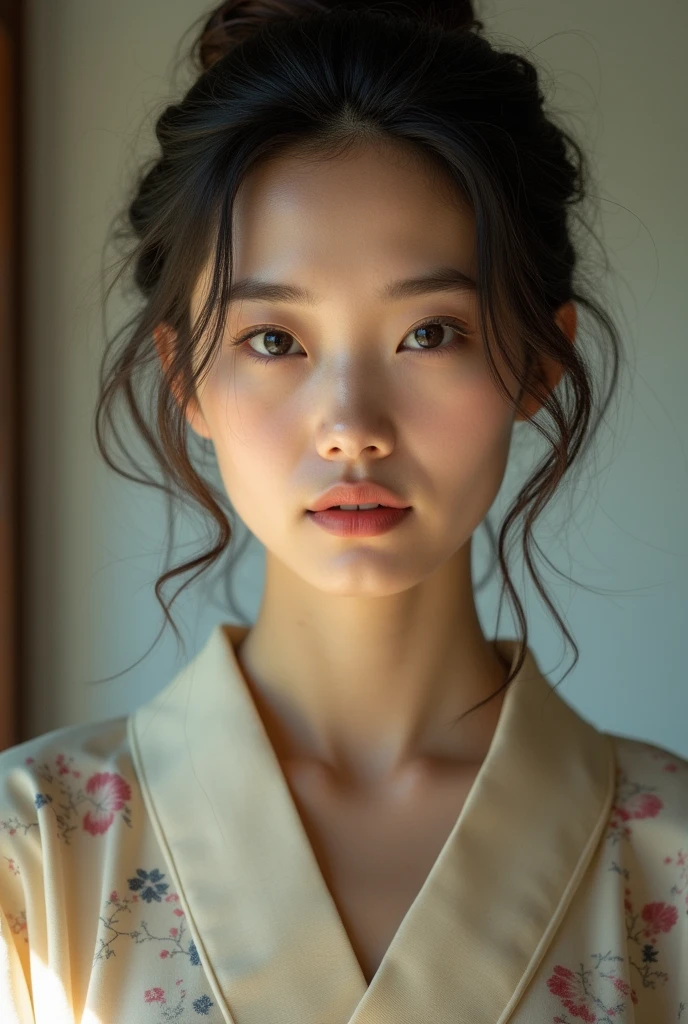 An elegantly dressed Japanese woman in natural light、A close-up of her chest and calm expression.、It shows her inner peace and outer charm.。