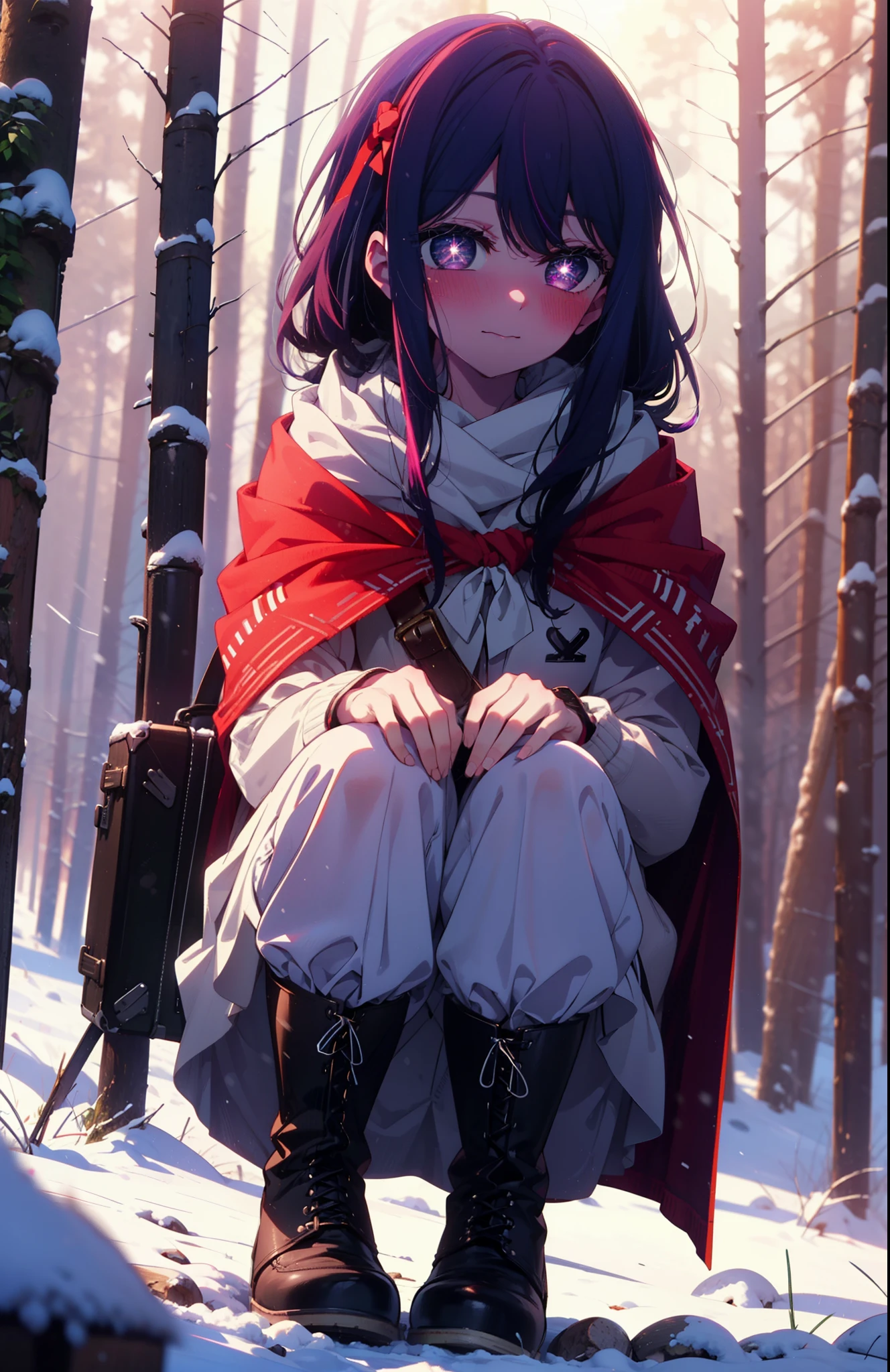 aihoshino, Ai Hoshino, Long Hair, bangs, (Purple eyes:1.1), Purple Hair, (Symbol-shaped pupil:1.5), smile,,smile,blush,white breath,
Open your mouth,snow,Ground bonfire, Outdoor, boots, snowing, From the side, wood, suitcase, Cape, Blurred, , forest, White handbag, nature,  Squat, Mouth closed, Cape, winter, Written boundary depth, Black shoes, red Cape break looking at viewer, Upper Body, whole body, break Outdoor, forest, nature, break (masterpiece:1.2), Highest quality, High resolution, unity 8k wallpaper, (shape:0.8), (Beautiful and beautiful eyes:1.6), Highly detailed face, Perfect lighting, Extremely detailed CG, (Perfect hands, Perfect Anatomy),