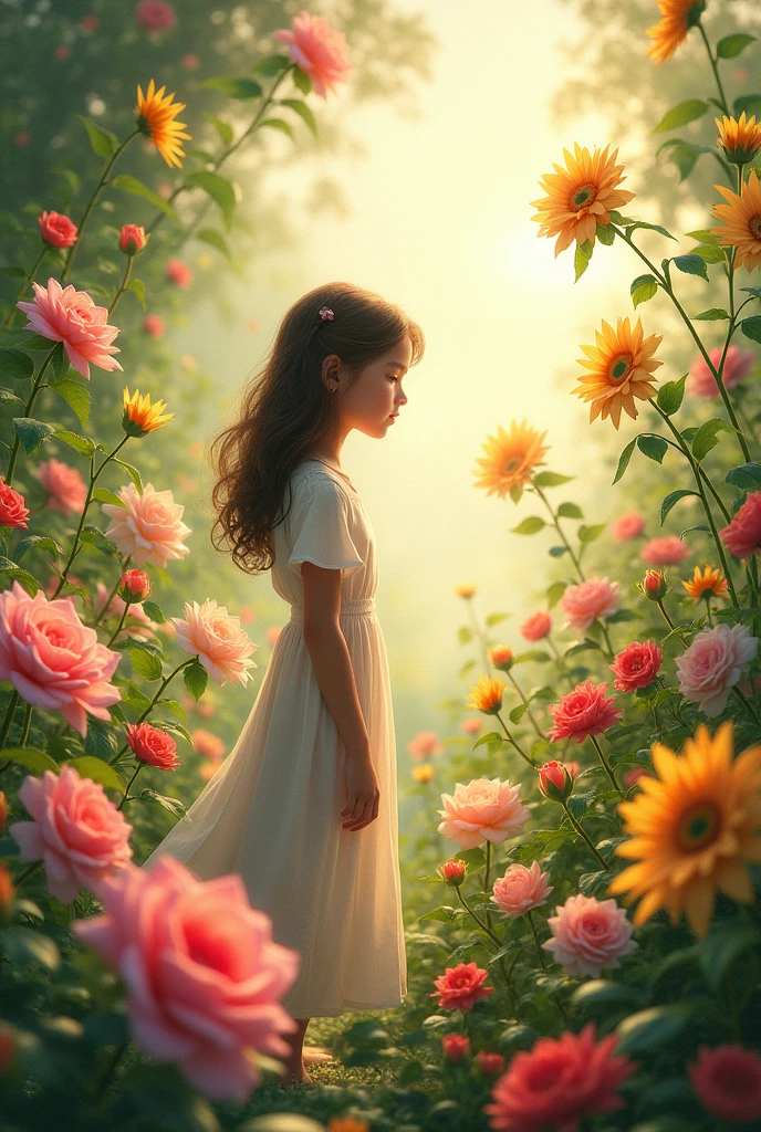 A girl close to flower garden