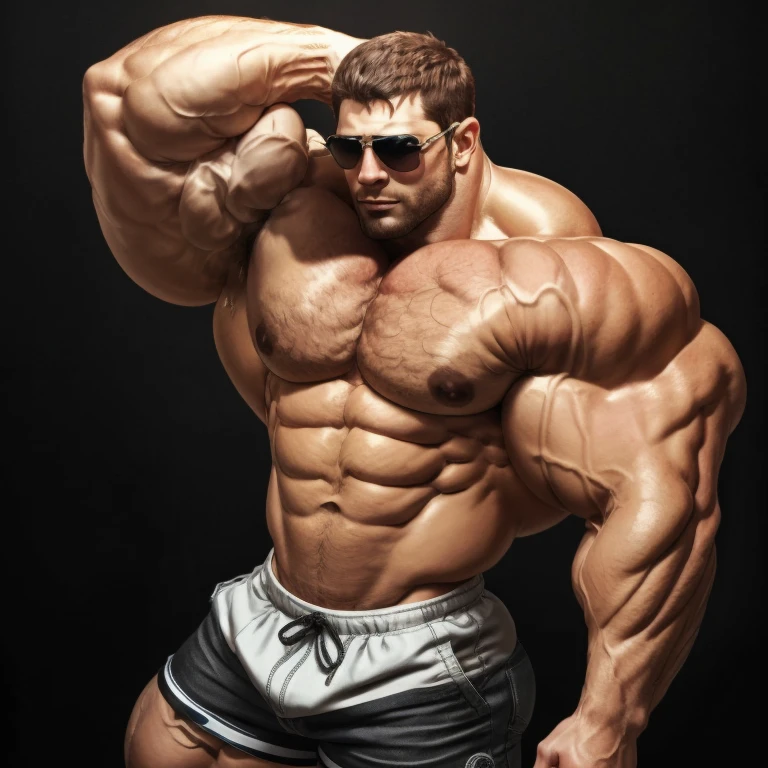 hyper growth, hyper muscles, brutalmass, chris redfield, a very handsome young man, white skin, sunglasses, shirtless wearing shorts, exaggeratedly muscular, exaggeratedly huge biceps, arms and pecs, exaggeratedly muscular and huge body, on a black background