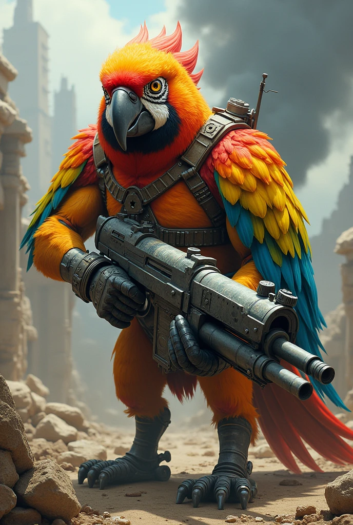 A muscular warrior parrot with a machine gun in his hand