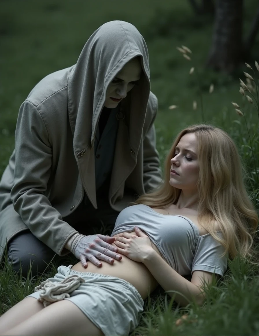 Voldemort, a tall and skeletal figure with pale, almost translucent skin and a serpentine face, is kneeling beside Ginny Weasley, a young woman with long, fiery red hair. Ginny is lying on her back with her shirt lifted, exposing her bare, fair-skinned abdomen. Voldemort's thin, bony hand is pressing directly onto Ginny's exposed skin, carefully palpating and applying deliberate pressure to her abdomen. Ginny's eyes are closed, her expression peaceful yet vulnerable, as if in a deep, enchanted sleep. The dim, eerie light in the room casts shadows that accentuate Voldemort's sinister appearance and the intimate, invasive nature of his touch on Ginny's bare abdomen.