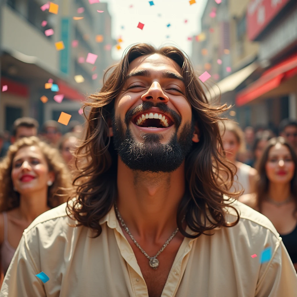 (((masterpiece))),Highest quality, Whitetown, Colorful confetti, 1 person, Wavy long brown hair, Happy, Jesus Christ,Japanese subculture style,
