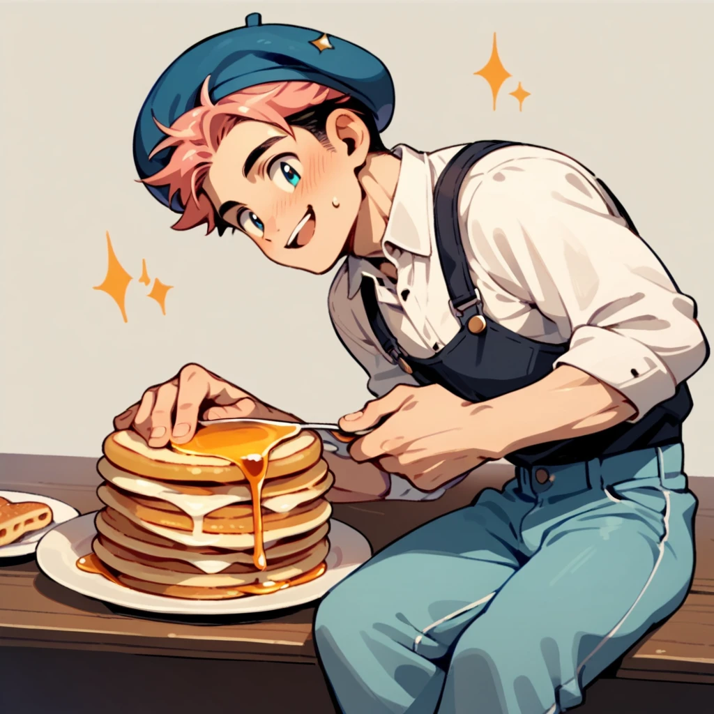 score_9, score_8_up, score_7_up, rating_explicit, source_anime, 1boy, beret hat, pastel colors, male only, bicolor hair, pancakes pants, checkered, cute, honey