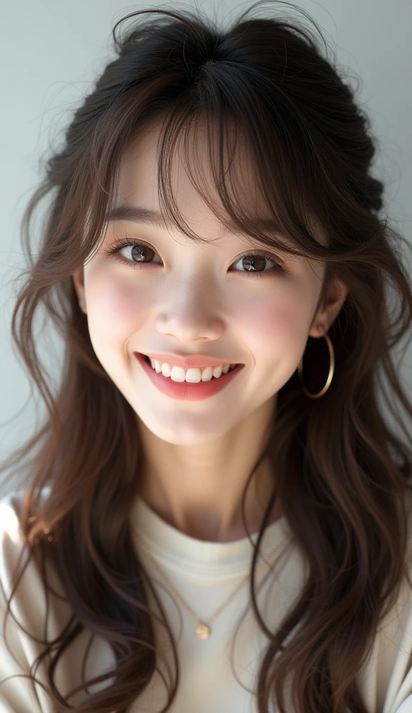 (best quality, 8k, 32k, masterpiece, UHD:1.2), ultra high resolution, (cute idol face Korean age girl), semi long brown hair, bangs