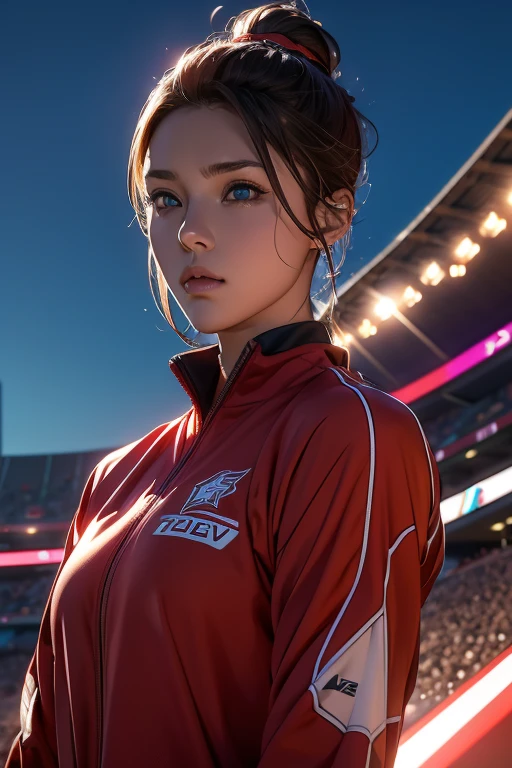 The official artwork in this le is of the highest quality, Introducing female athletes wearing sportswear with the five-star red flag. Highly detailed CG Unity 8k wallpaper、It captures a medium shot of an athlete with aqua blue eyes., Chestnut Mouth, &References;. Her brown hair was tied back neatly.., Improve overall appearance. The stage is the stadium,Background is sky, Enhance cinematic lighting effects with rim light. Players looking directly at the camera., Exudes confidence and determination.