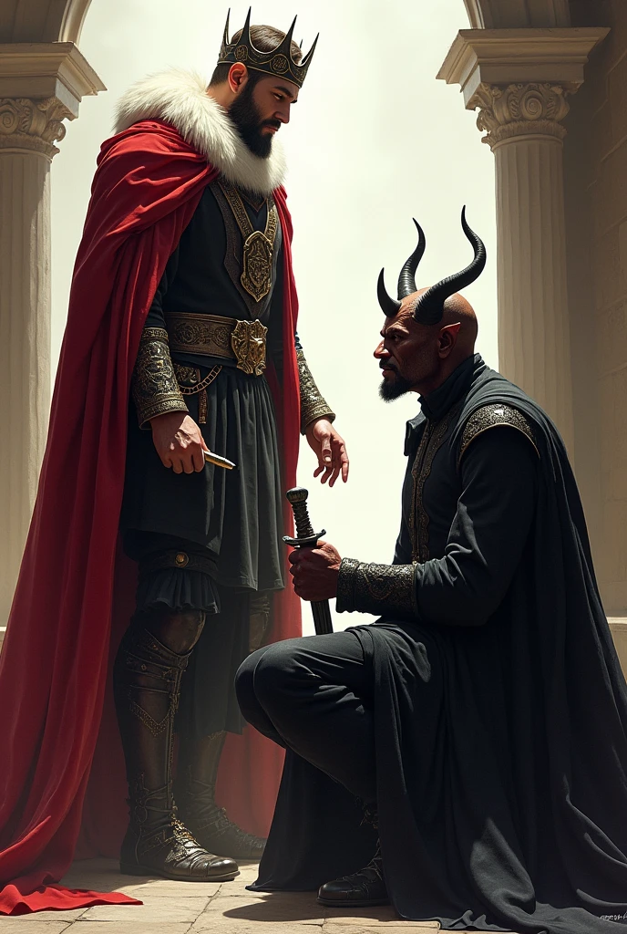 A king stand carrying Pen and a devil sitting on his knees with sowrd front of king