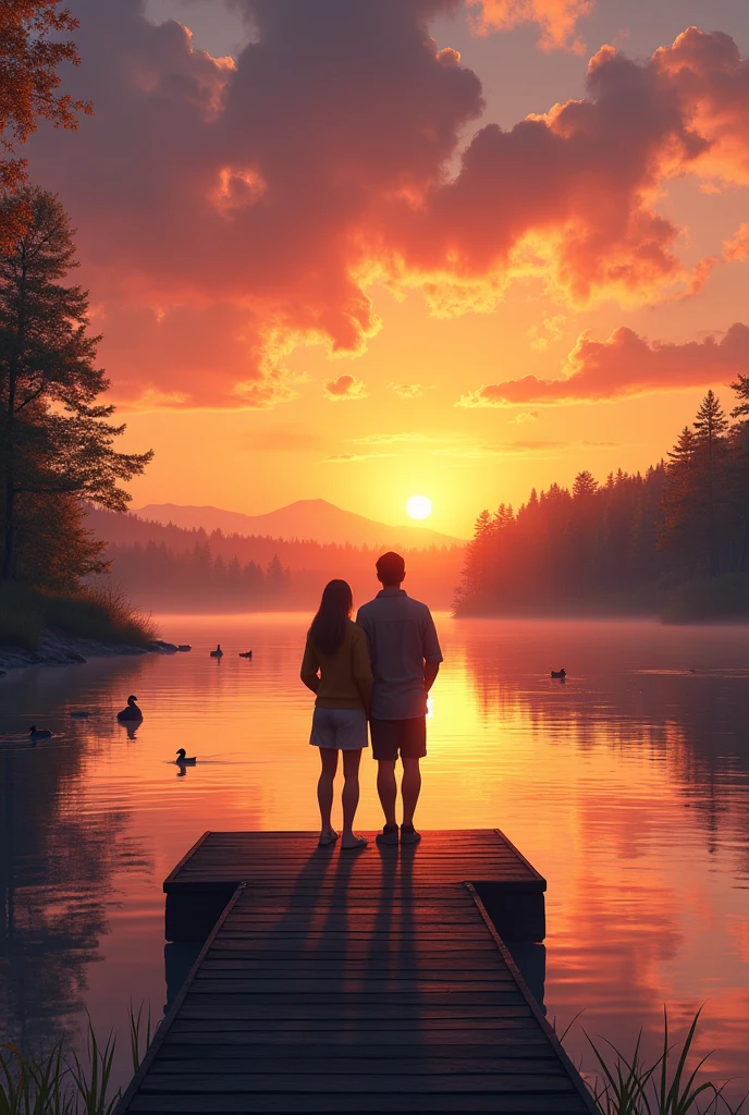 "A serene lakeside at sunset with the sky painted in shades of pink and orange. The water is calm, reflecting the colors of the sky, and a few ducks are swimming peacefully. Gloria and Ben are standing on a small wooden pier that stretches out into the lake, watching the sunset together."