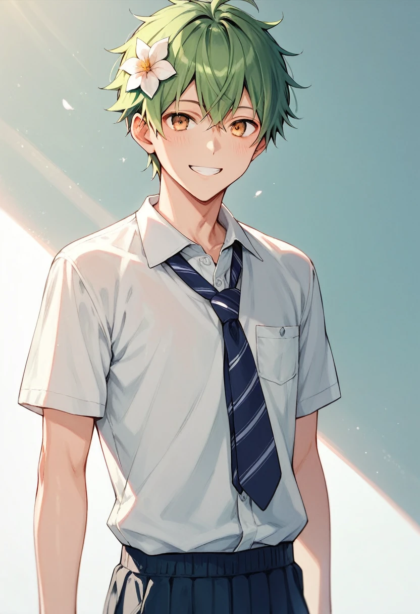juvenile maleの子 male 頭にflowerの王冠 Green Hair Golden Eyes Slender smile flower Gym suit Schoolyard