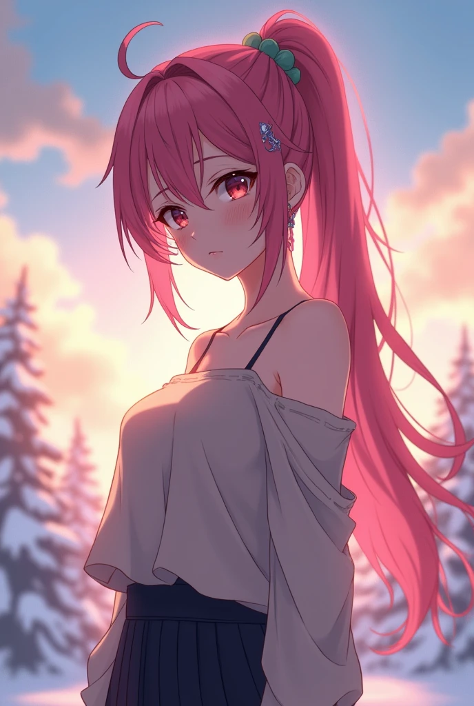 (best quality:1.1), (masterpiece:1.2), high quality shadow, beautiful detailed, (high detailed skin, skin details), (wide_landscape, 8k), beautiful face, detailed eyes, depth of field, dramatic light, best quality, highres, best shadow, best illumination, cowboy shot, facing viewer, 1girl, long hair, pink hair, ponytail, messy hair, large breasts, red eyes, scrunchie, hair ornament, earrings, tucked in, pleated skirt, sweater, sleeveless, bare shoulders, outdoors, glowing light, snow, ray tracing, dynamic lighting, beautiful detailed sky, beautiful detailed cloud,
